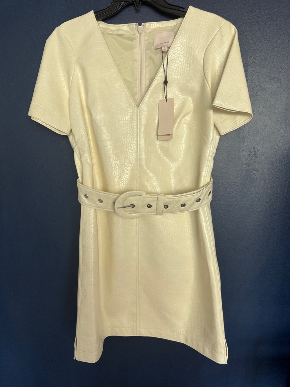 cinq a sept Cream Textured Faux-Leather Belted Mini Dress
